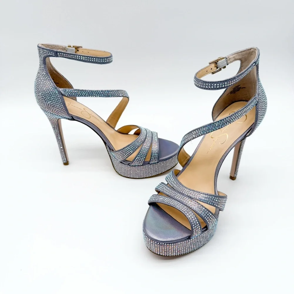 Jessica Simpson Shyremin Rhinestone Platform Stiletto Sandals Silver Glam 8 NEW